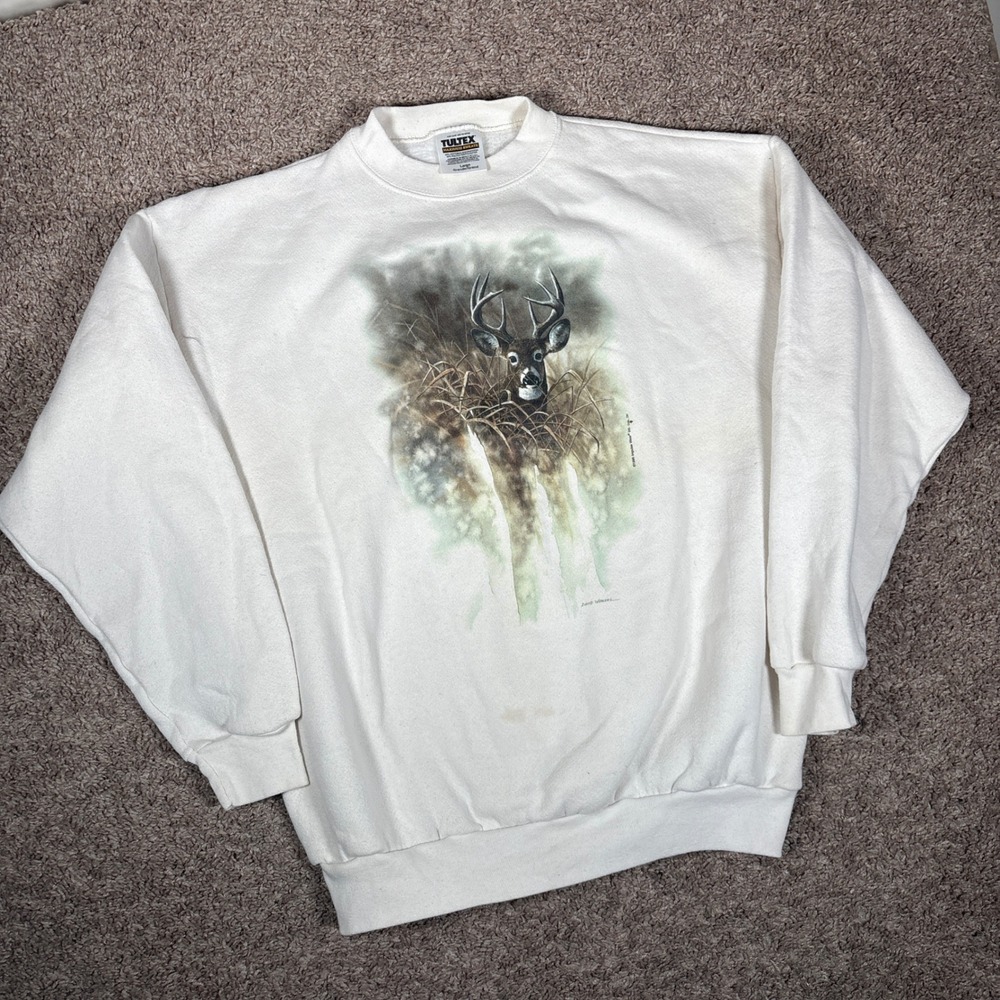 Vintage 1995‎ Tultex Deer Graphic Sweatshirt Mens Large Cream David Wenzel 90s